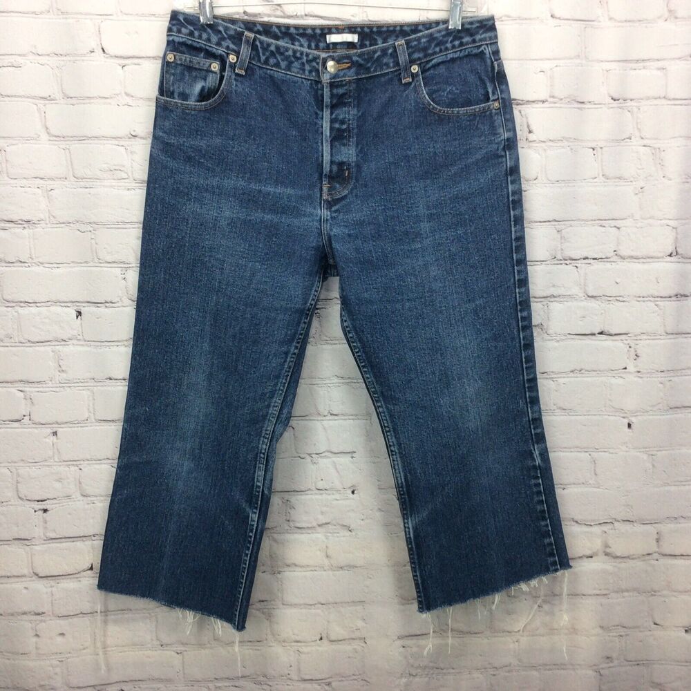 Halogen Jeans Women's Sz 14R Button Fly Cropped Cut-Off Raw Hem Med Wash Stretch